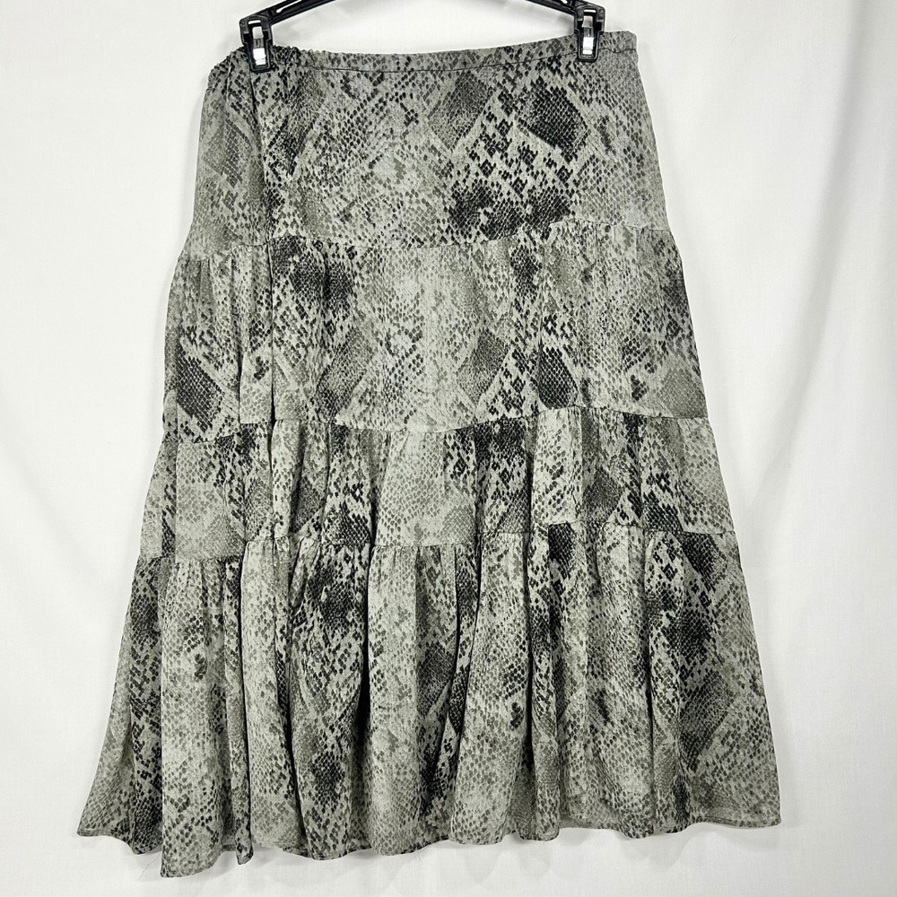 Vintage Y2K Woman's Boho Tiered A-Line Midi  Skirt M/L Grey Black Snake Print